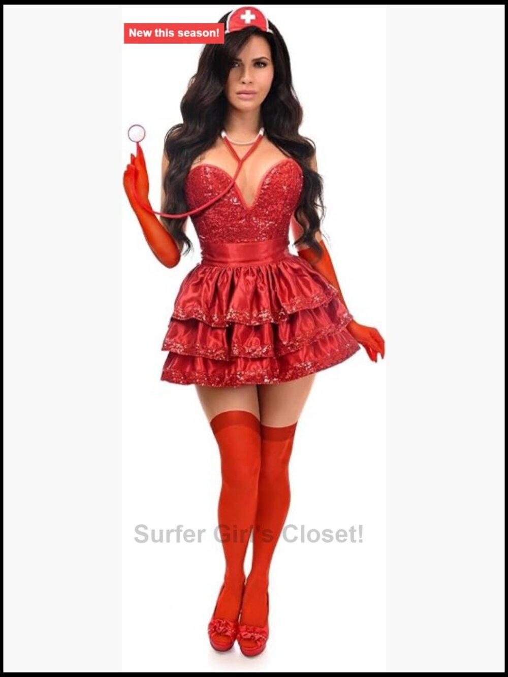 Steel Boned Corset Costume Set with Sequin Skirt, Gloves, Hat & Stethoscope,